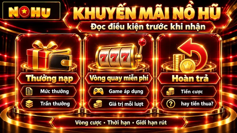 Ba nhóm khuyến mãi nổ hũ: thưởng nạp với mức thưởng và trần thưởng, vòng quay miễn phí với game áp dụng và giá trị mỗi lượt, hoàn trả theo tiền cược hay tiền thua; nhắc kiểm tra vòng cược, thời hạn và giới hạn rút.